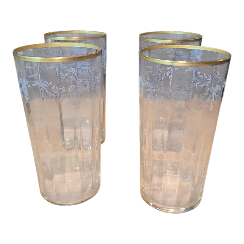 MCM VINTAGE ETCHED‎ Elegant Gold Rimmed Glass Tumblers